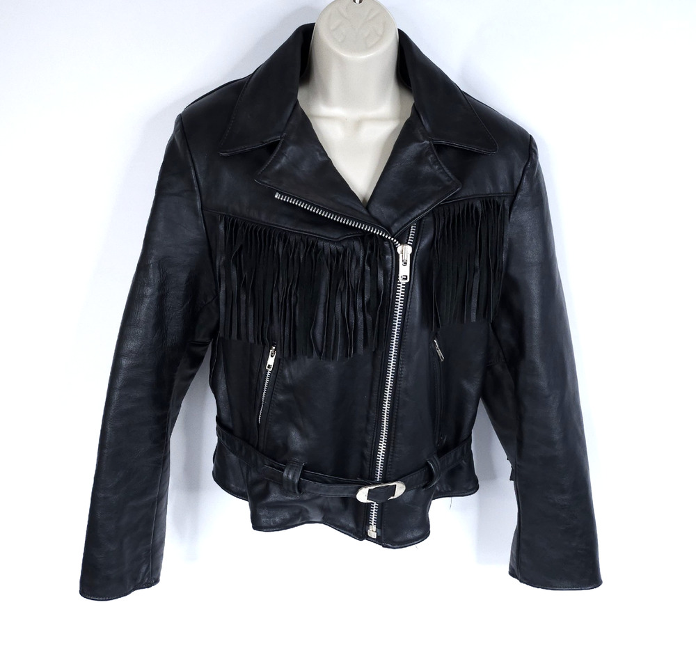 Vintage Steer Brand Jacket Womens 14 Black Leather Fringe Moto Biker Belted